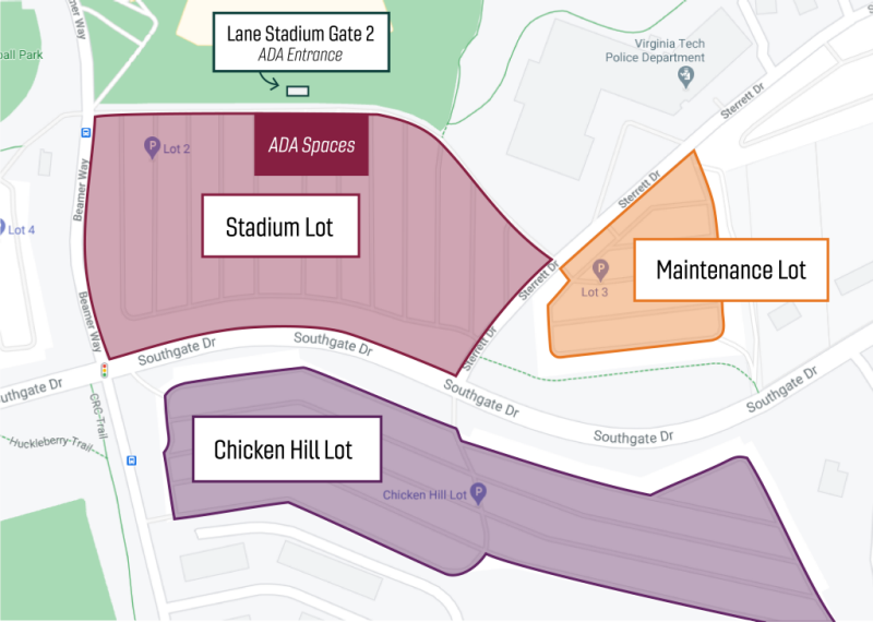 Google map with the following lots highlights: Stadium lot at the corner of Southgate Drive and Beamer Way (ADA spaces are available here), Chicken Hill Lot across Southgate Drive from the Stadium Lot, and the Maintenance lot by Sterrett drive
