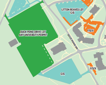 Portion of a map of parking lots on campus with the Cage Lot residence section in dark grene.