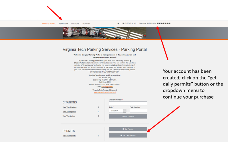 screenshot of the parking services online parking portal